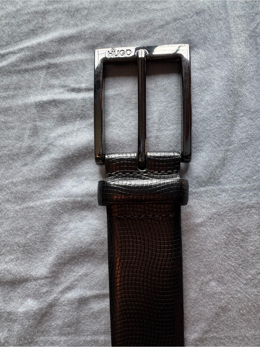 Hugo Boss Black Textured Leather Belt with Polished Silver Buckle